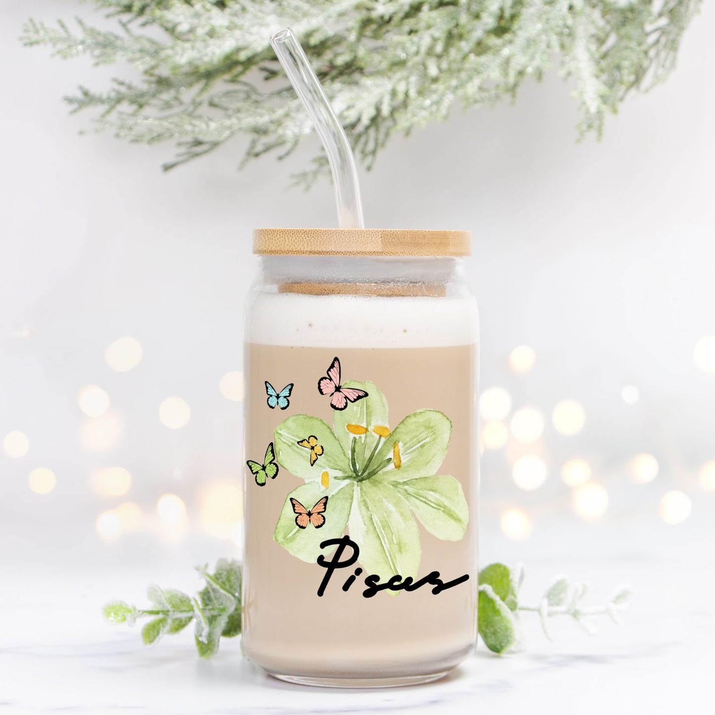 Pisces Flower Green Glass Can 16oz