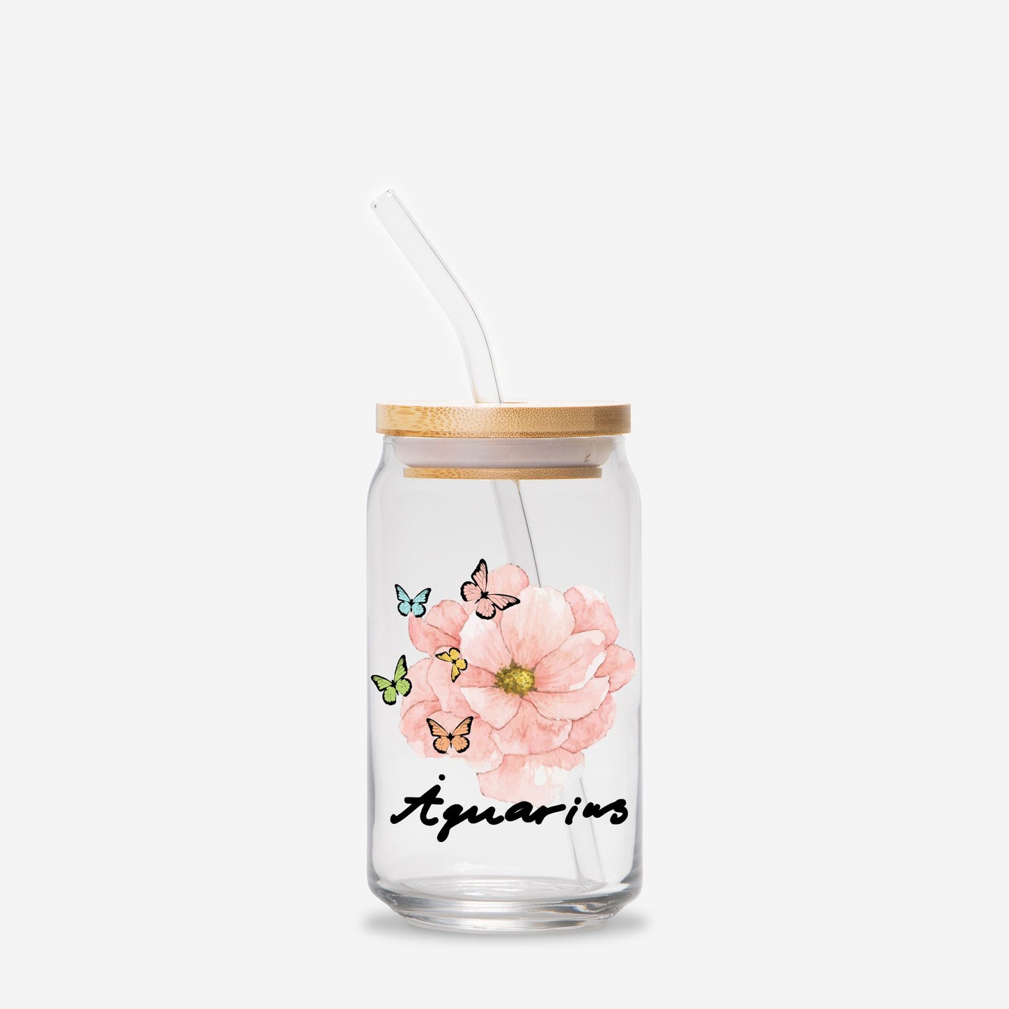 Aquarius Flower Pink Glass Can 16oz
