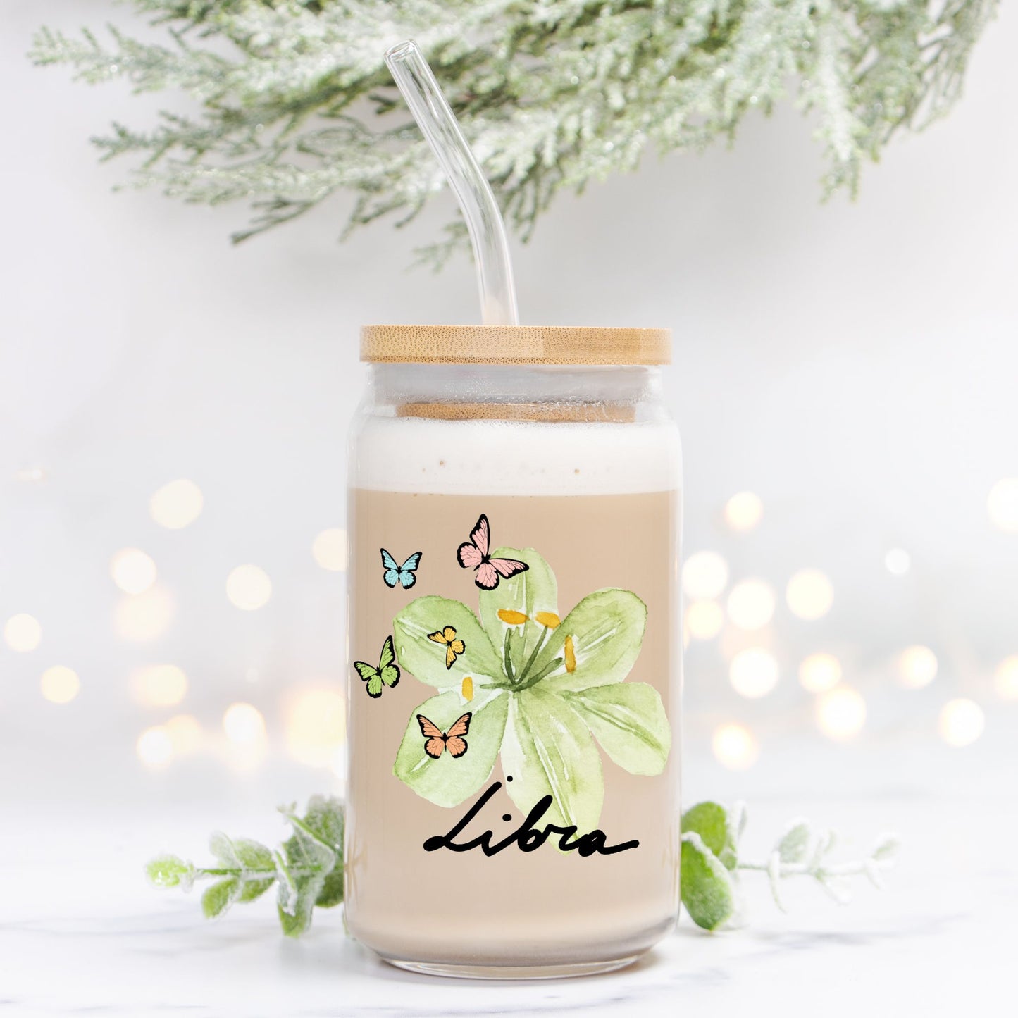 Libra Flower Green Glass Can 16oz