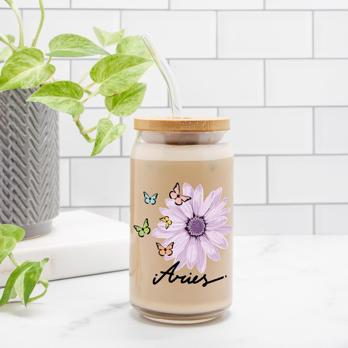 Aries Flower Purple Glass Can 16oz