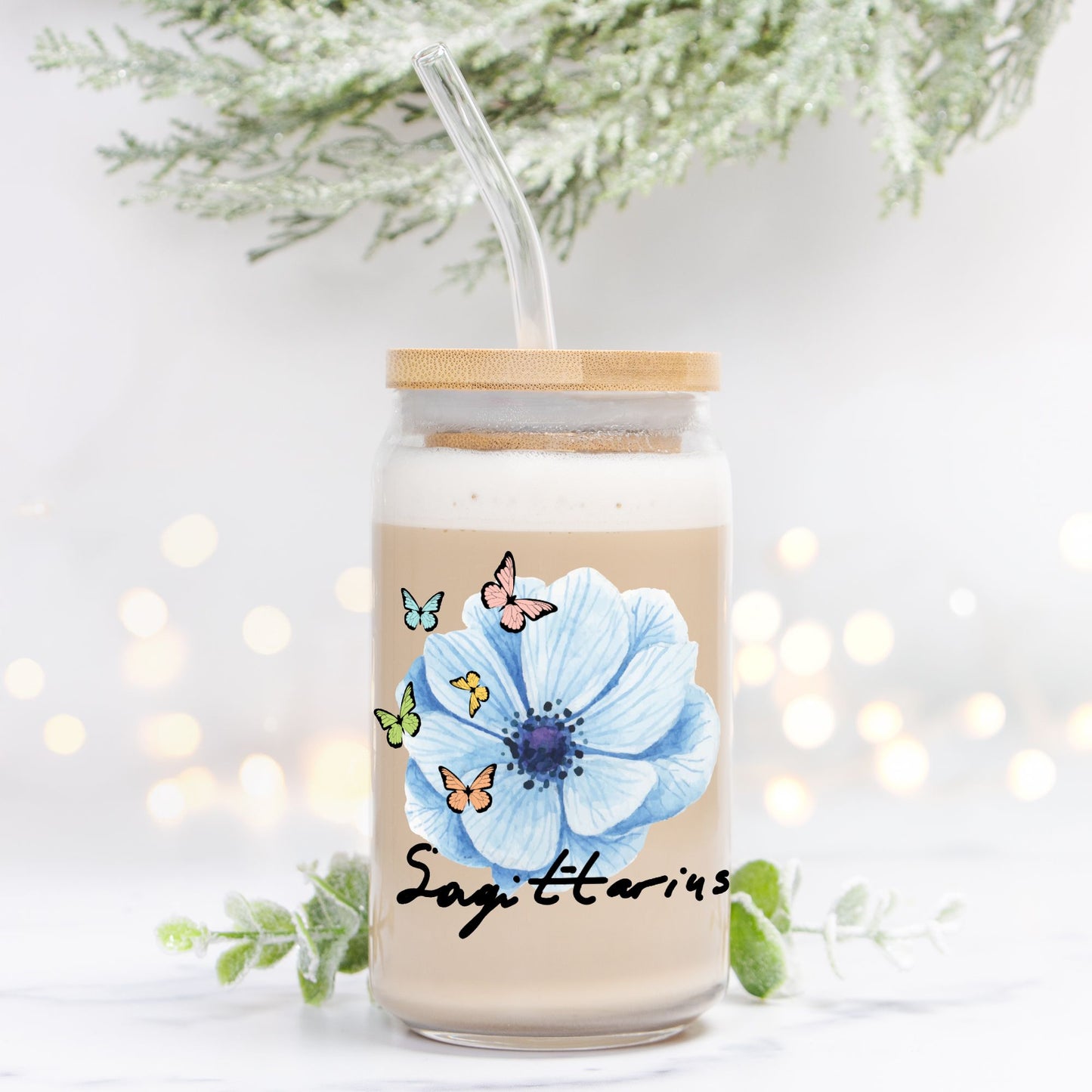 Sagittarius Flower Blue Glass Can 16oz