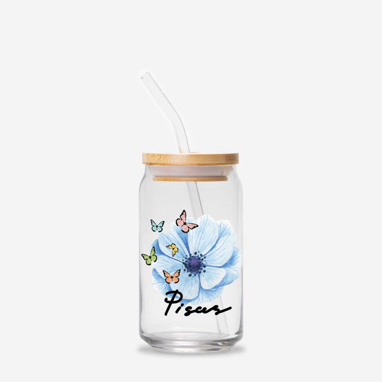 Pisces Flower Blue Glass Can 16oz