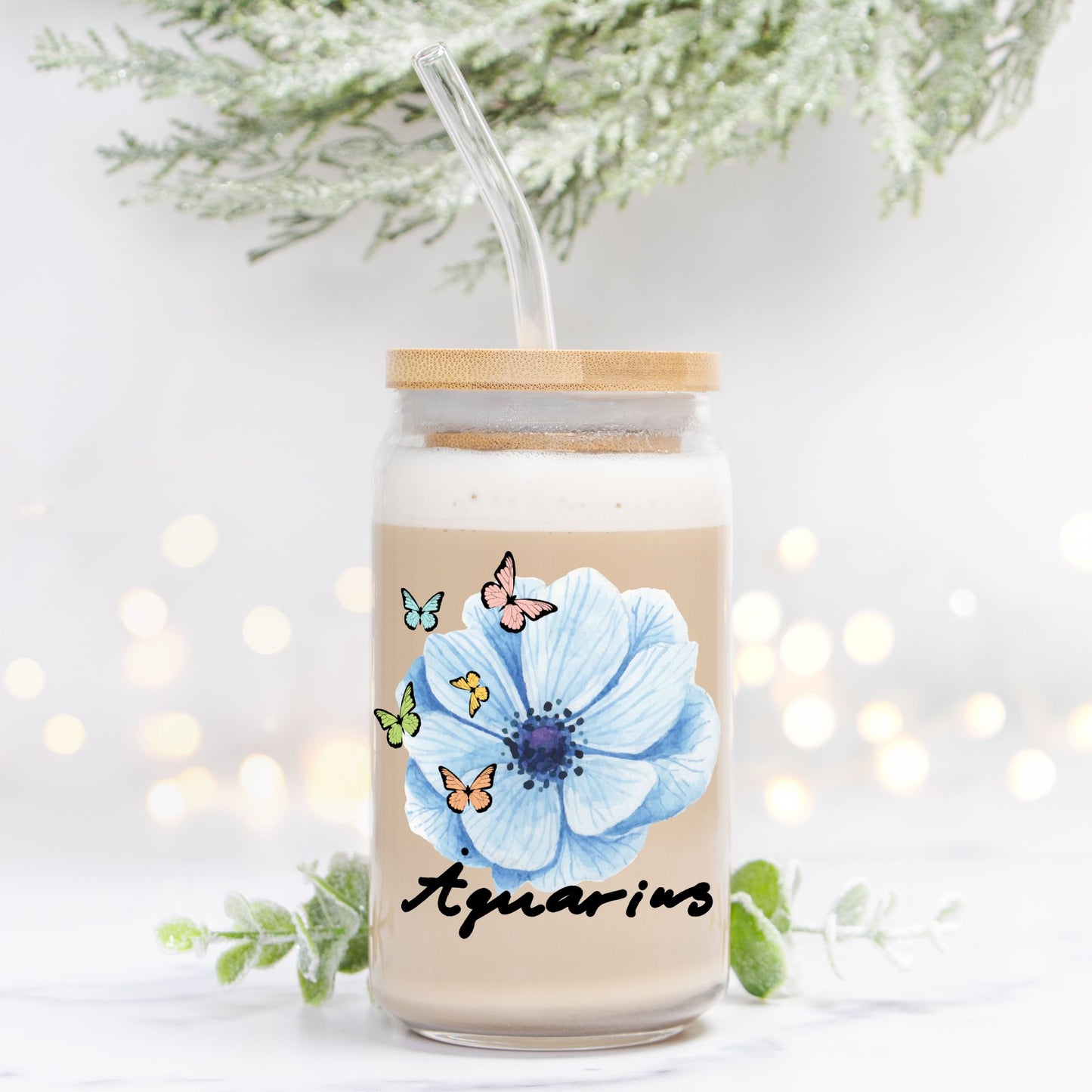 Aquarius Flower Blue Glass Can 16oz