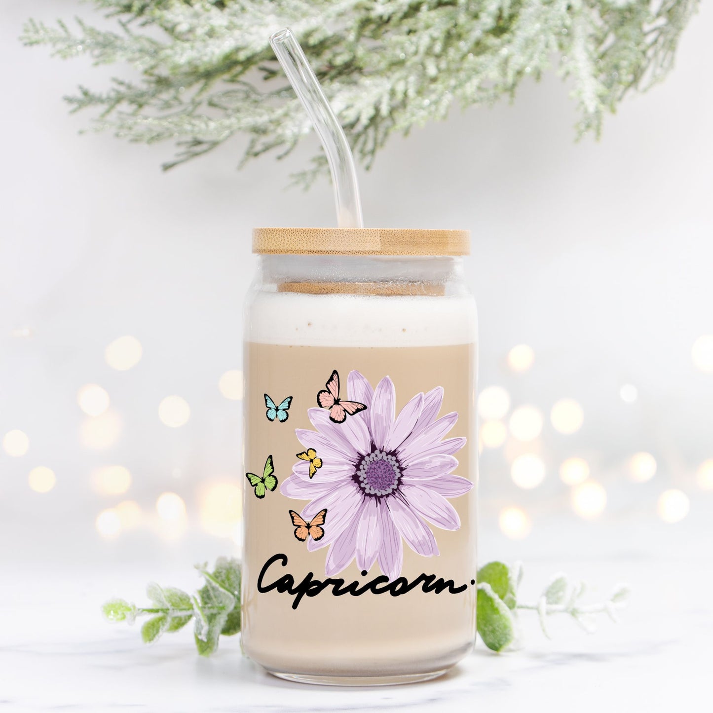 Capricorn Flower Purple Glass Can 16oz