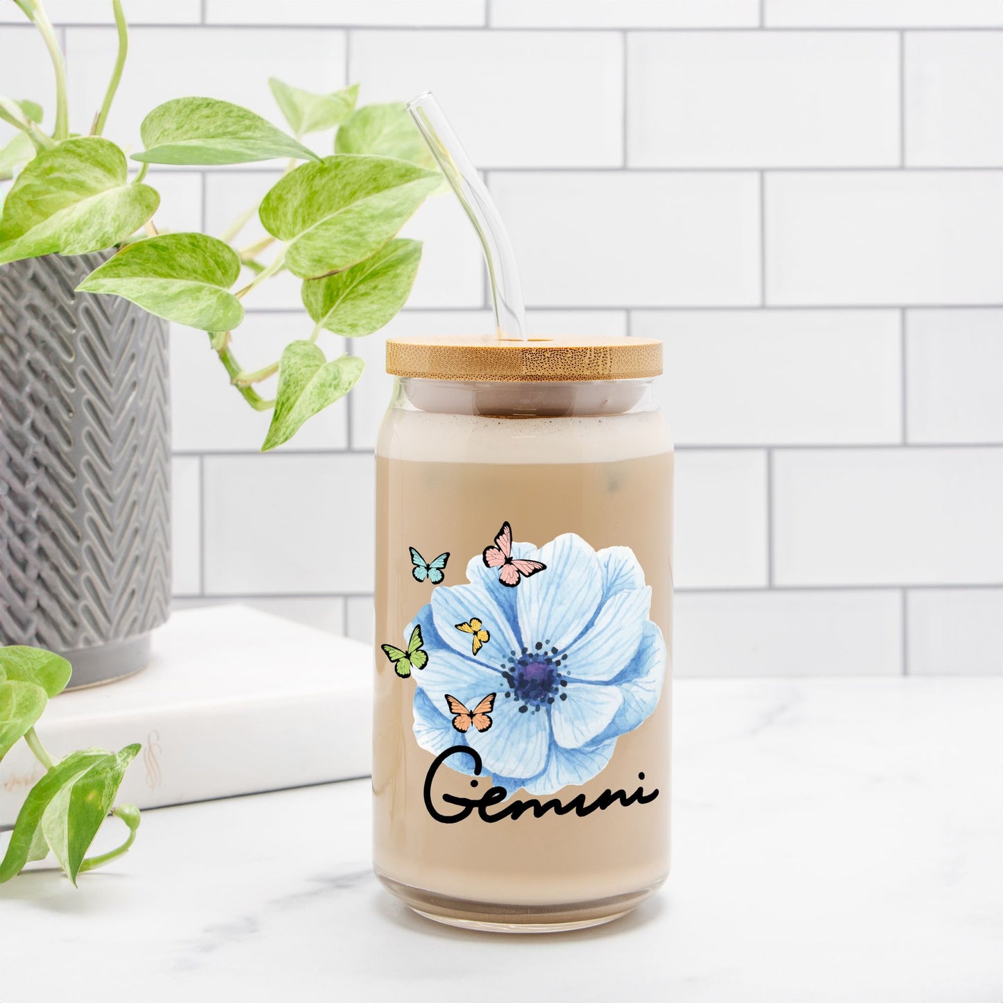 Gemini Flower Blue Glass Can 16oz
