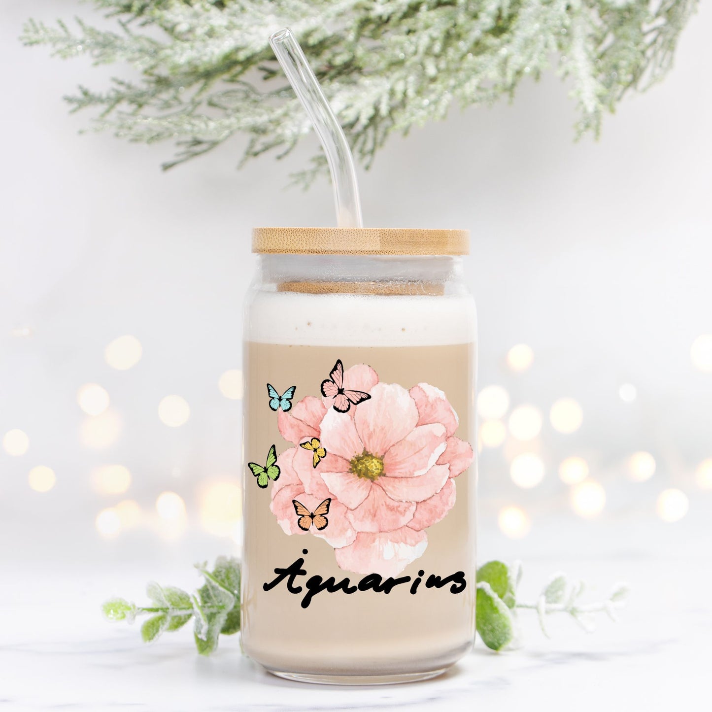 Aquarius Flower Pink Glass Can 16oz