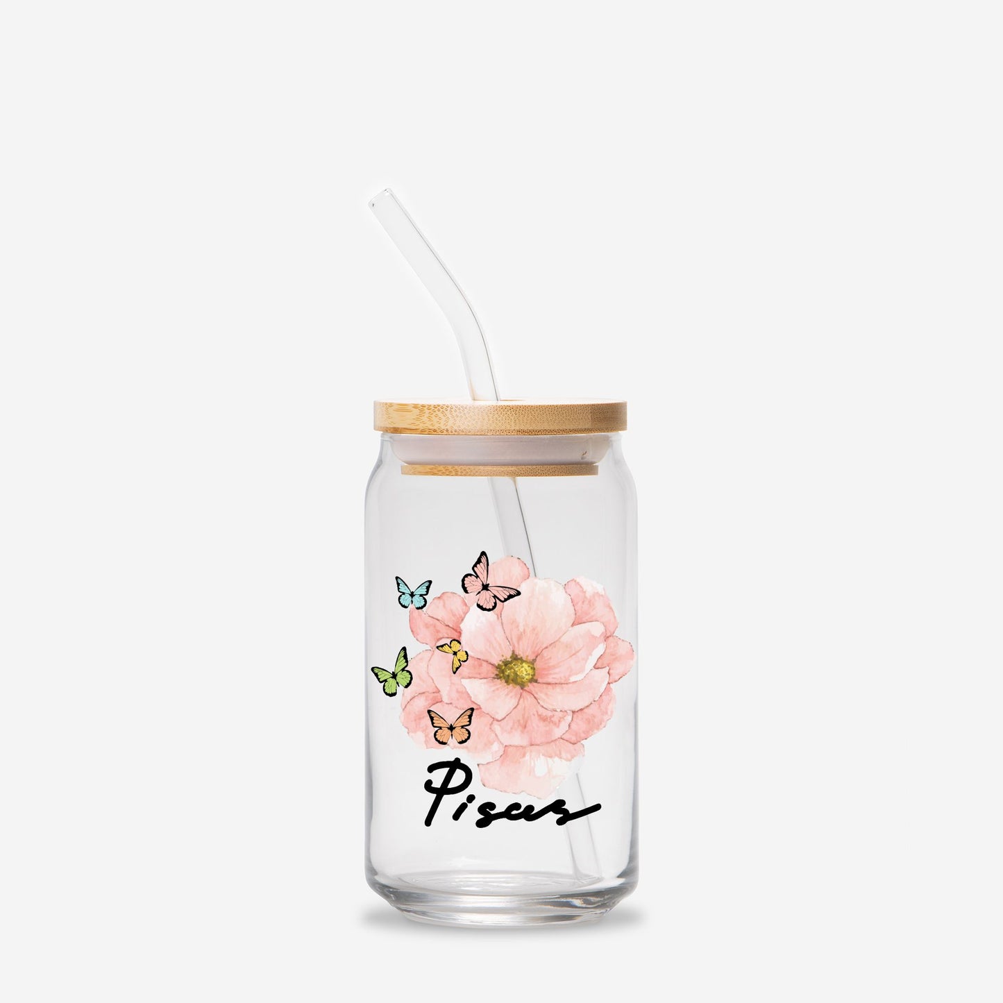 Pisces Flower Pink Glass Can 16oz