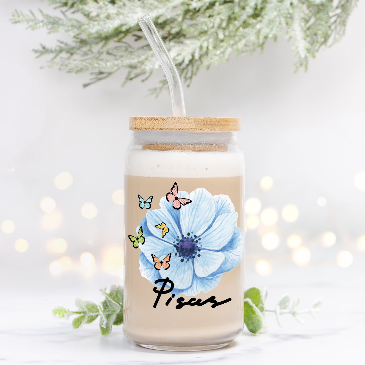 Pisces Flower Blue Glass Can 16oz