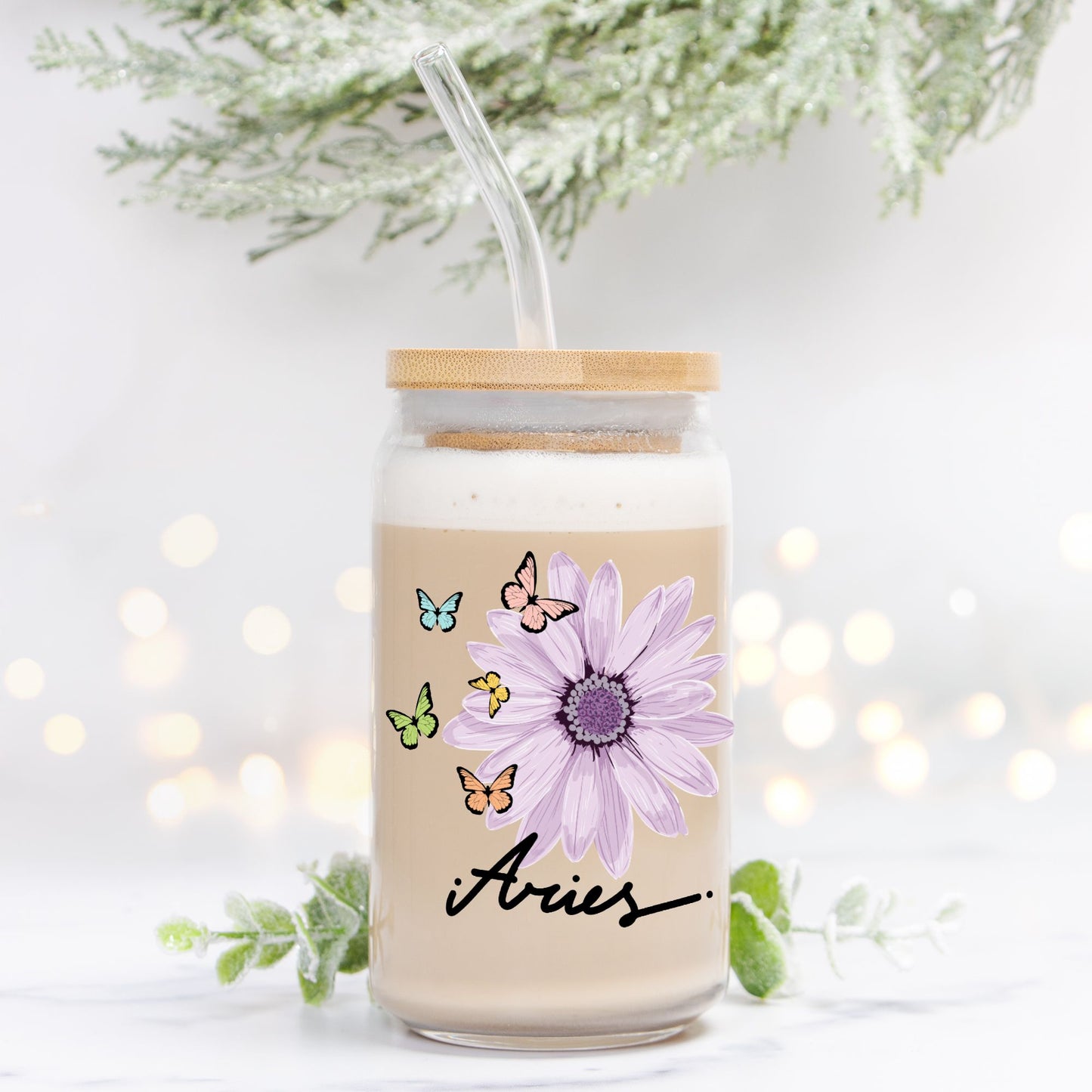 Aries Flower Purple Glass Can 16oz