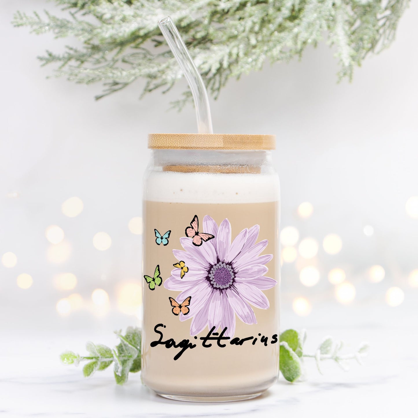 Sagittarius Flower Purple Glass Can 16oz