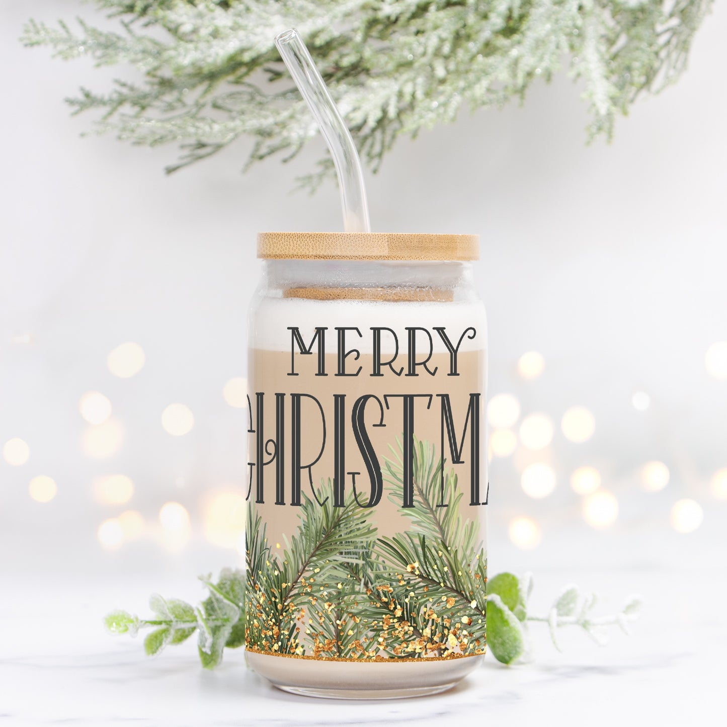 Gold Merry Christmas Glass Can 16oz