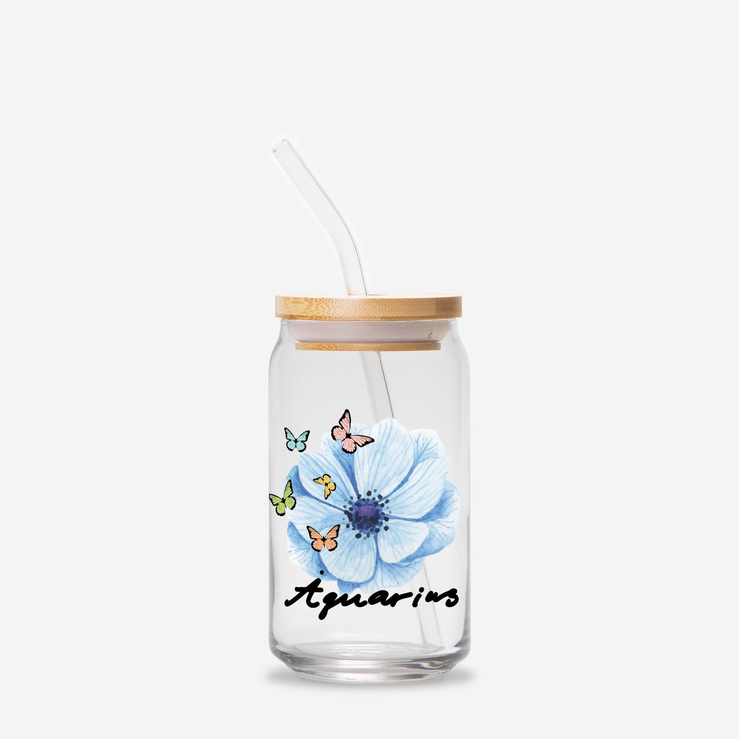 Aquarius Flower Blue Glass Can 16oz