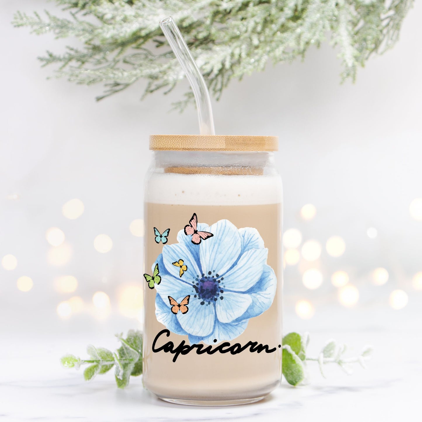 Capricorn Flower Blue Glass Can 16oz