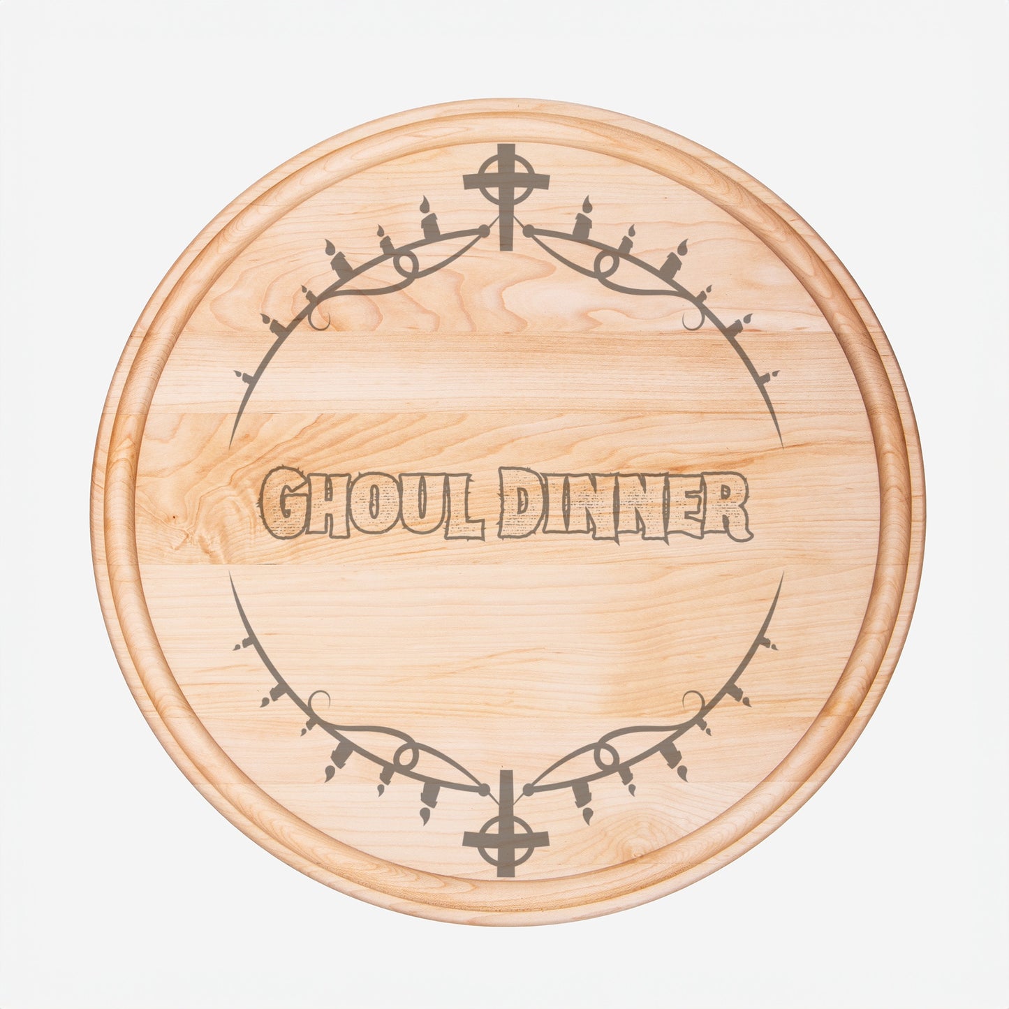 Ghoul Dinner Round Charcuterie Board with Groove - 13.5” x 13.5”