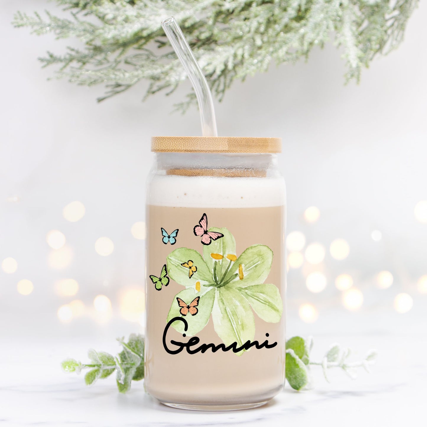Gemini Flower Green Glass Can 16oz