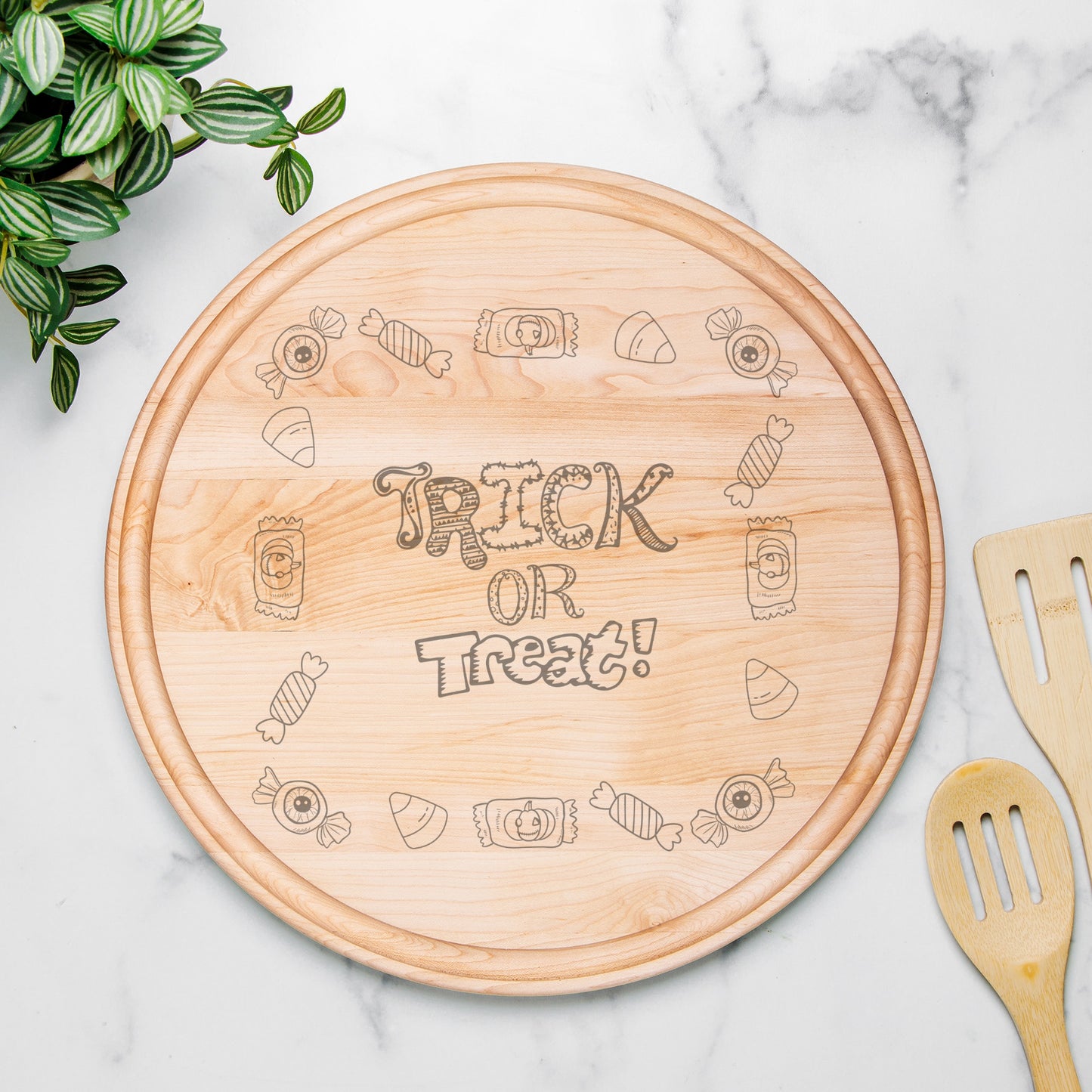 Trick or Treat (1) Round Charcuterie Board with Groove - 13.5” x 13.5”