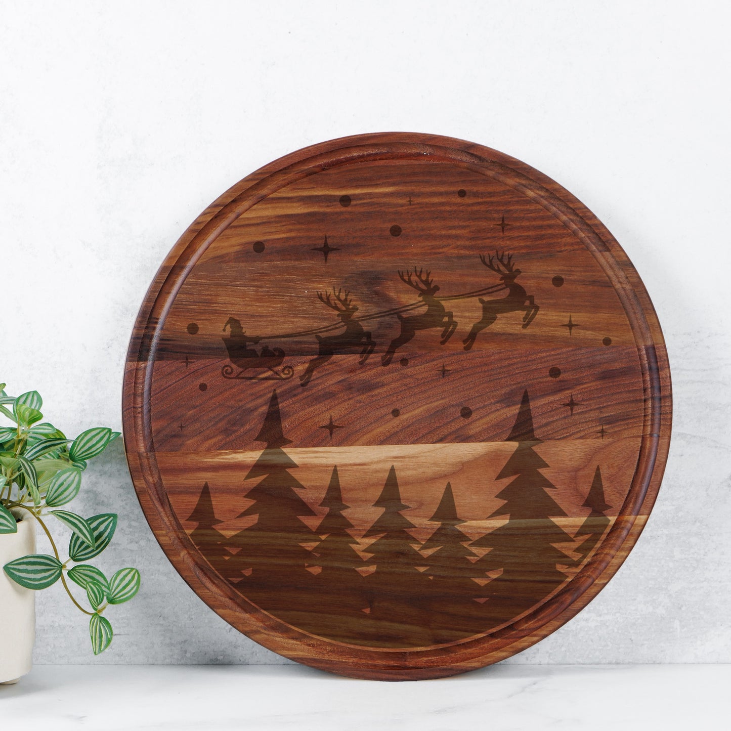 Reindeer Round Charcuterie Board with Groove - 13.5” x 13.5”