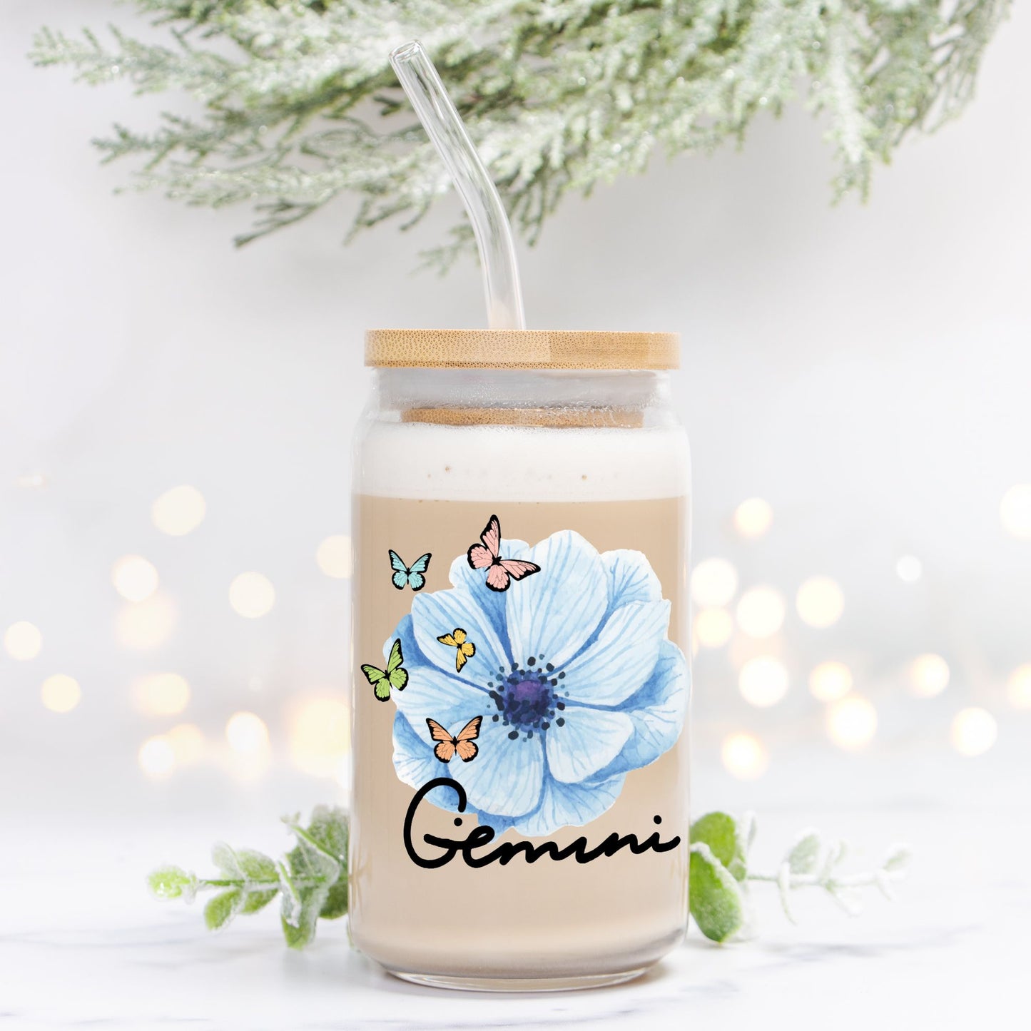 Gemini Flower Blue Glass Can 16oz