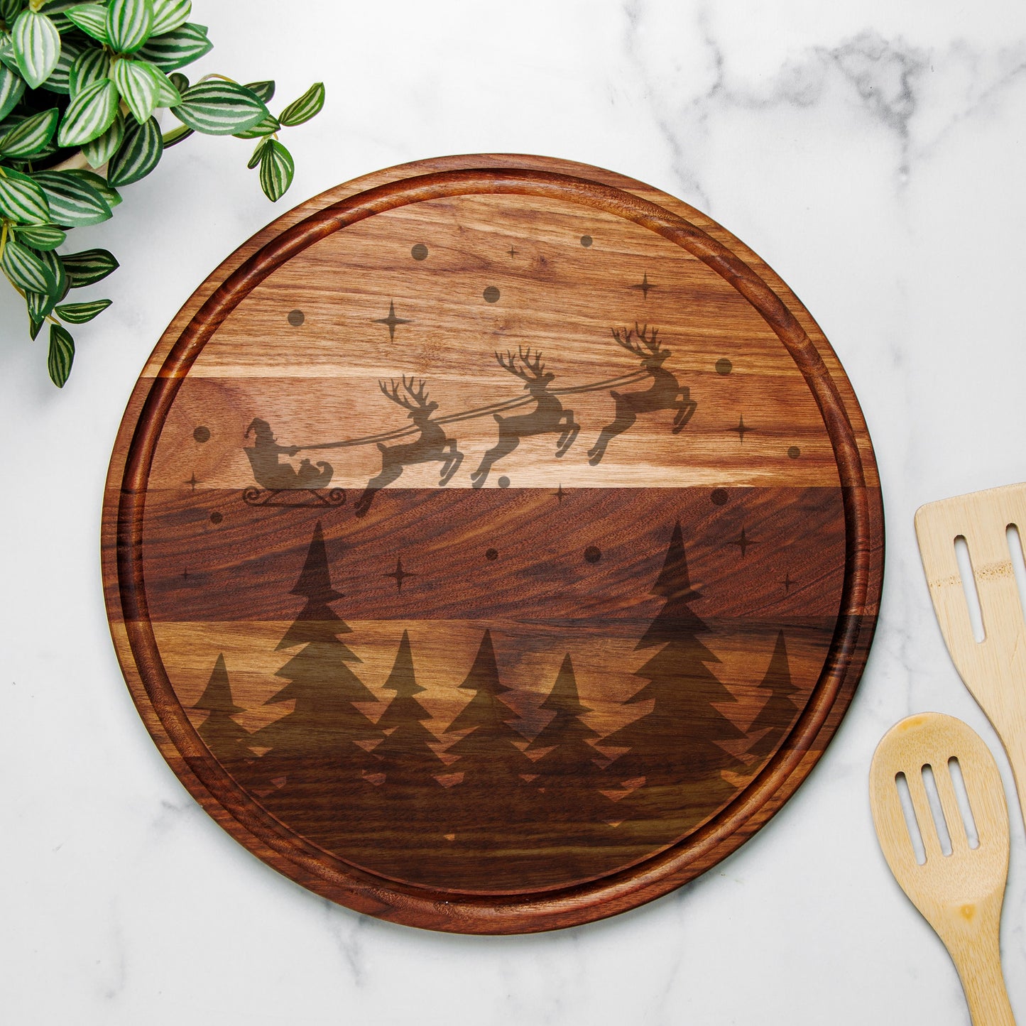 Reindeer Round Charcuterie Board with Groove - 13.5” x 13.5”