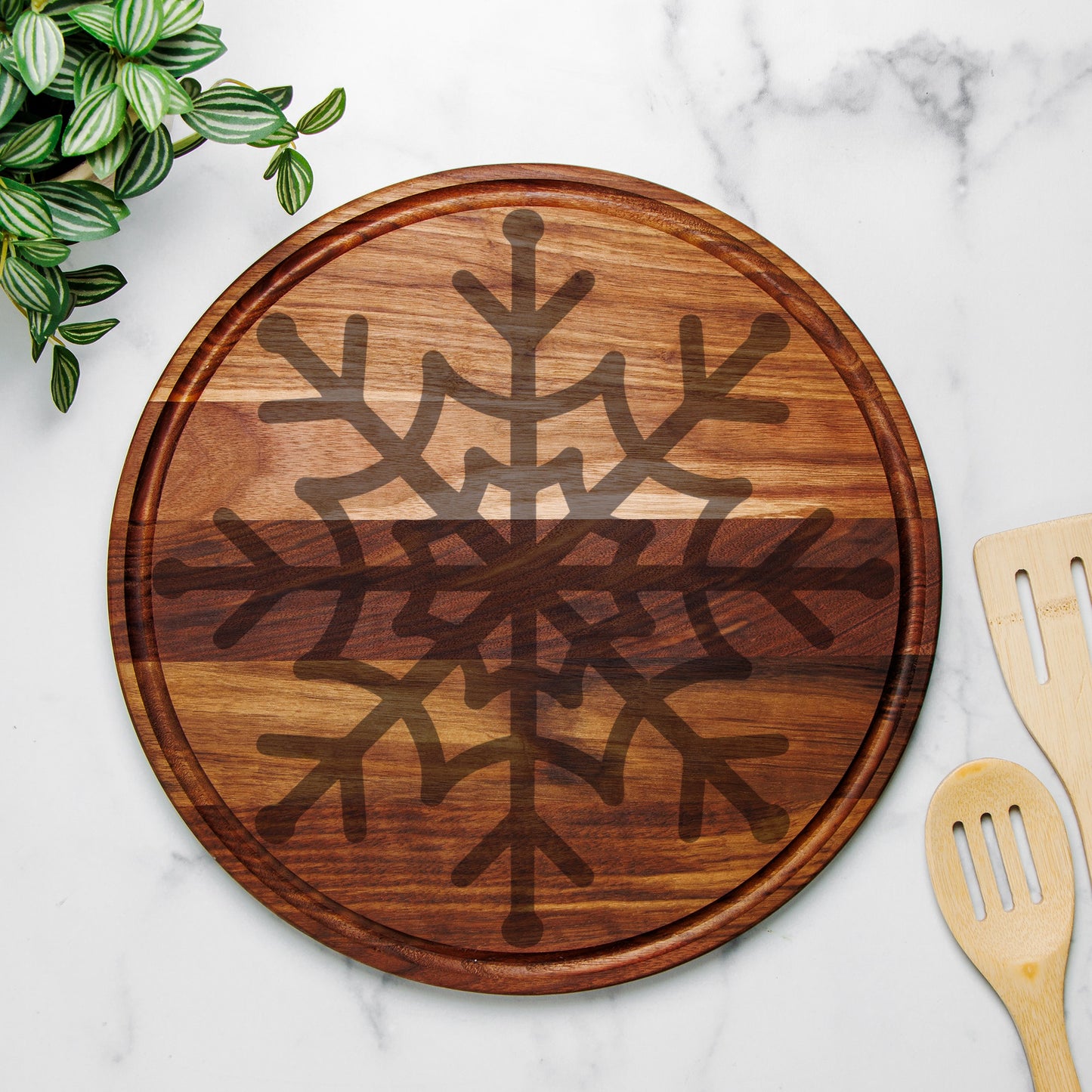 Snowflake Round Charcuterie Board with Groove - 13.5” x 13.5”