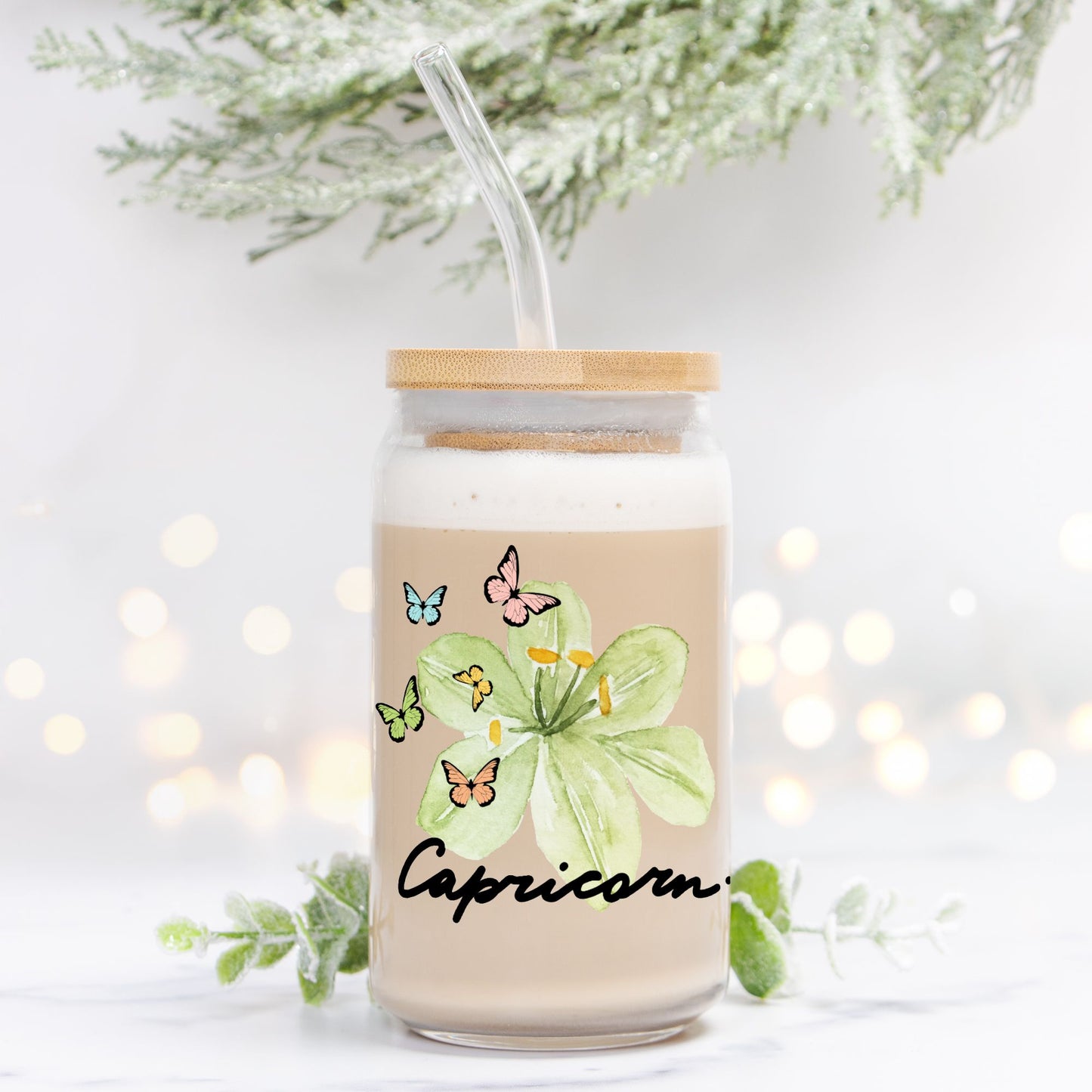 Capricorn Flower Green Glass Can 16oz