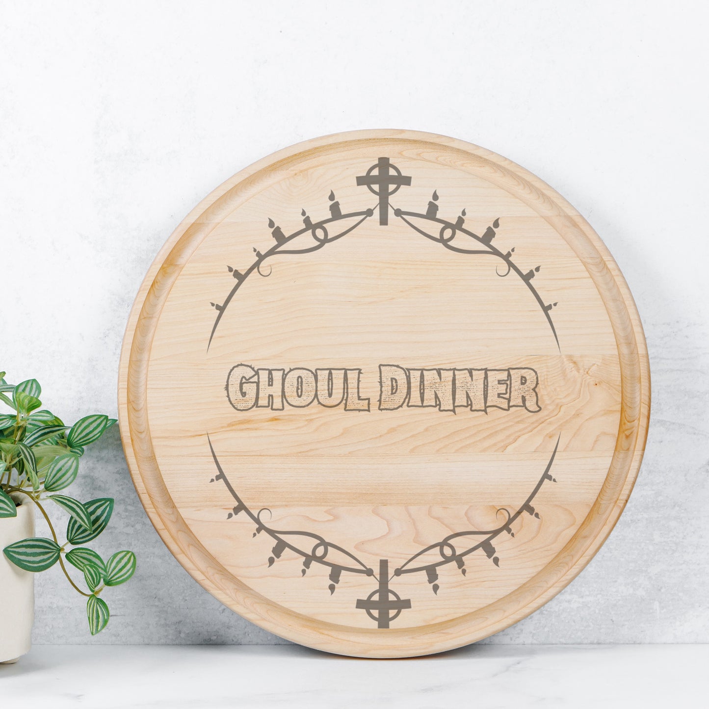 Ghoul Dinner Round Charcuterie Board with Groove - 13.5” x 13.5”