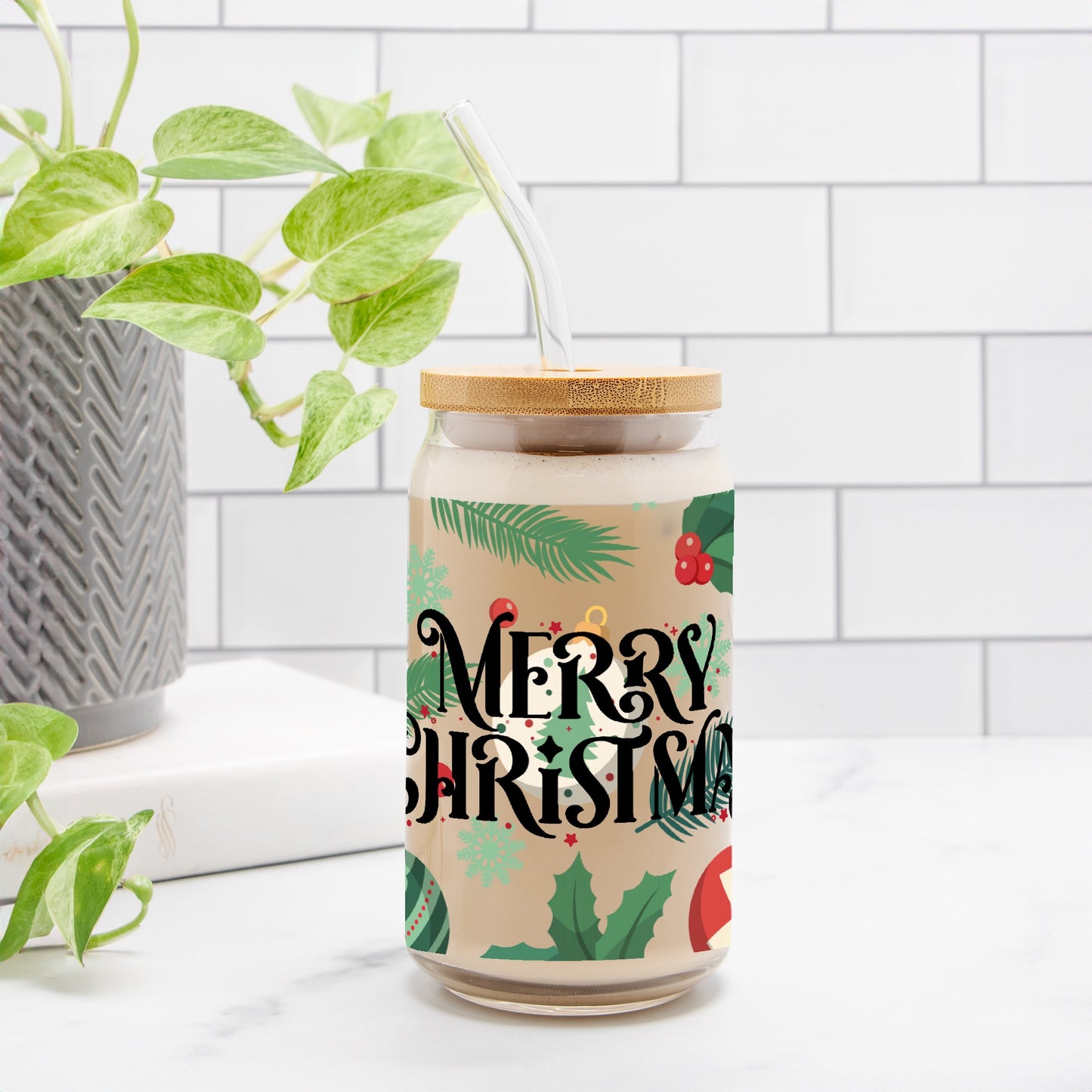 Merry Christmas Glass Can 16oz