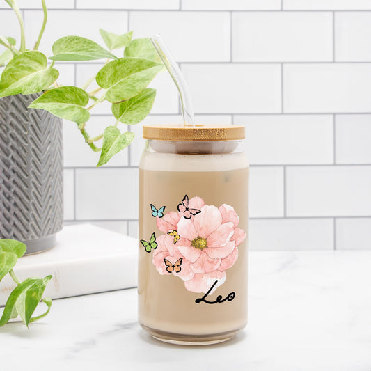 Leo Flower Pink Glass Can 16oz
