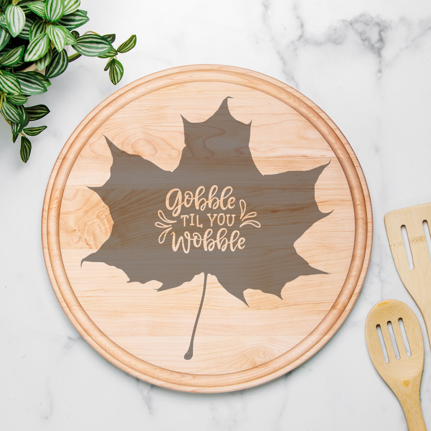 Gobble Round Charcuterie Board with Groove - 13.5” x 13.5”