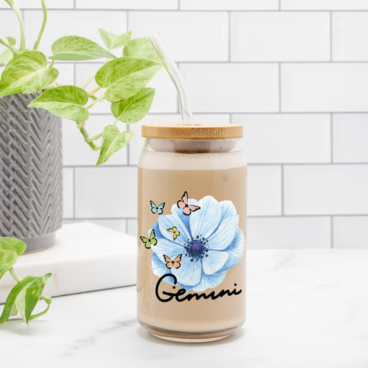 Gemini Flower Blue Glass Can 16oz