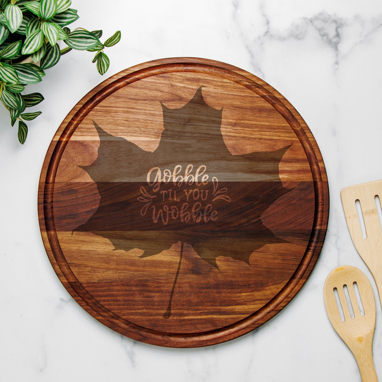 Gobble Round Charcuterie Board with Groove - 13.5” x 13.5”