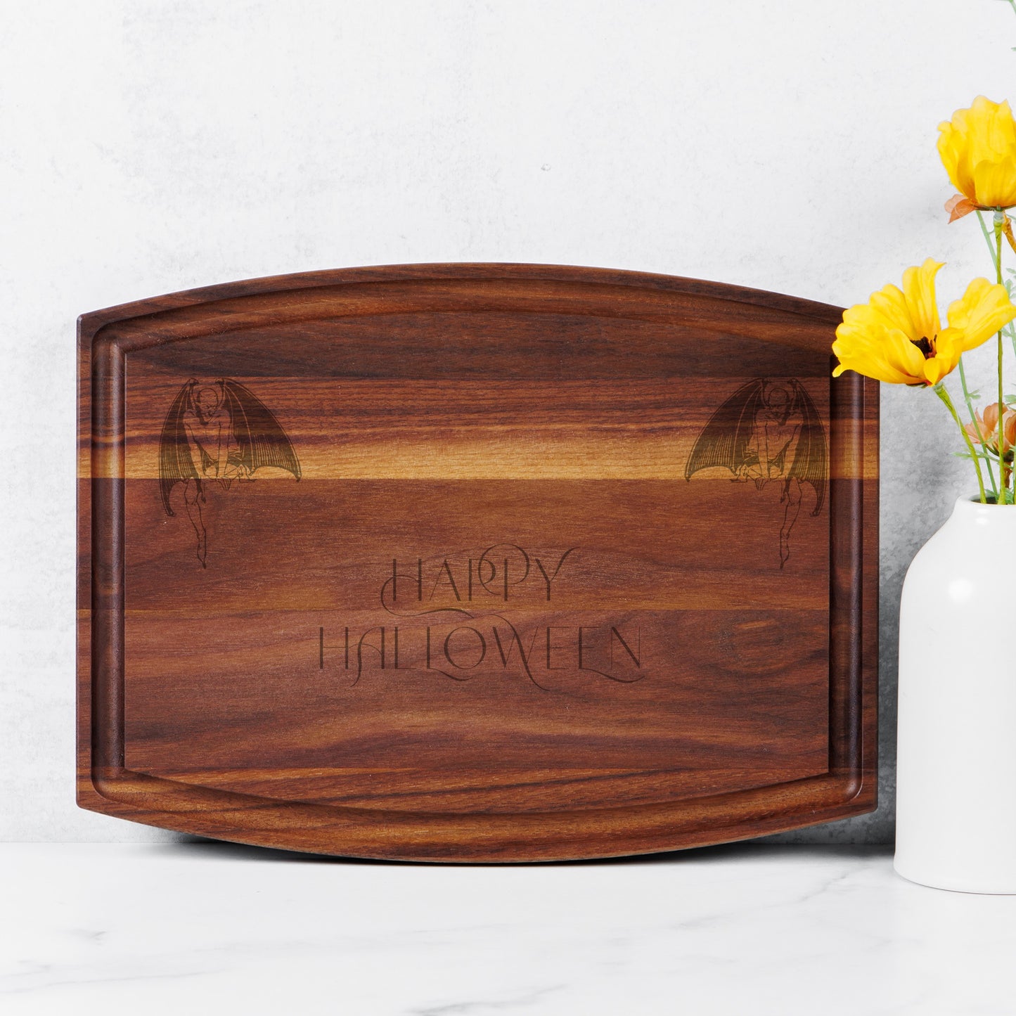 Happy Halloween Arched Wood Cutting Board with Groove - 12" x 9"