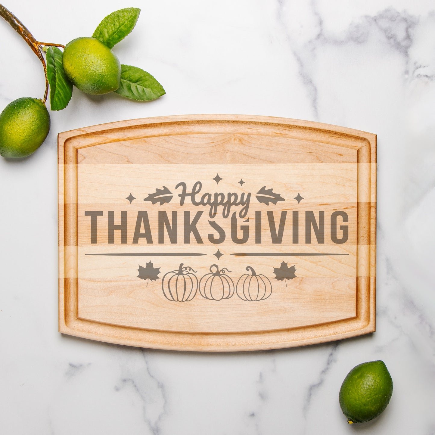 Happy Thanksgiving Arched Wood Cutting Board with Groove - 12" x 9"