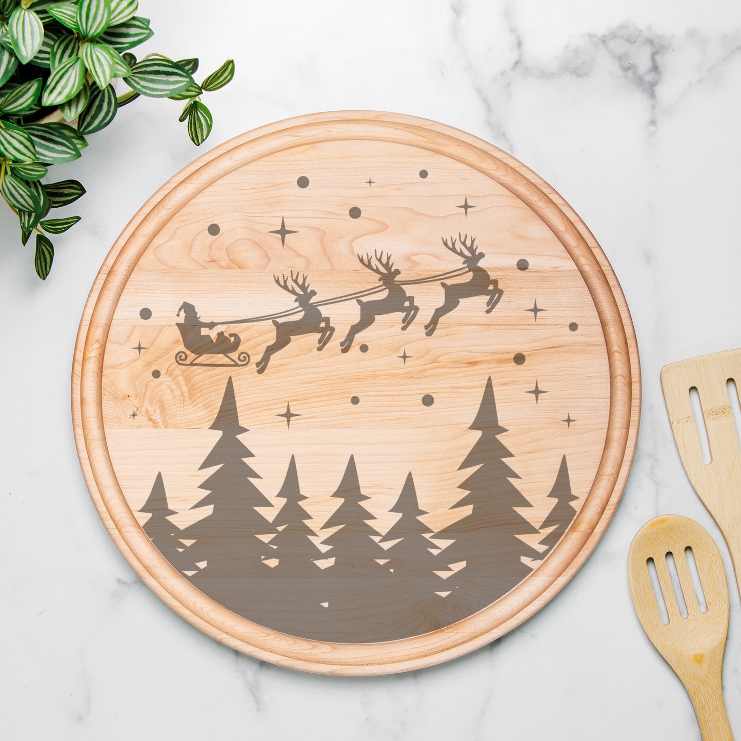 Reindeer Round Charcuterie Board with Groove - 13.5” x 13.5”