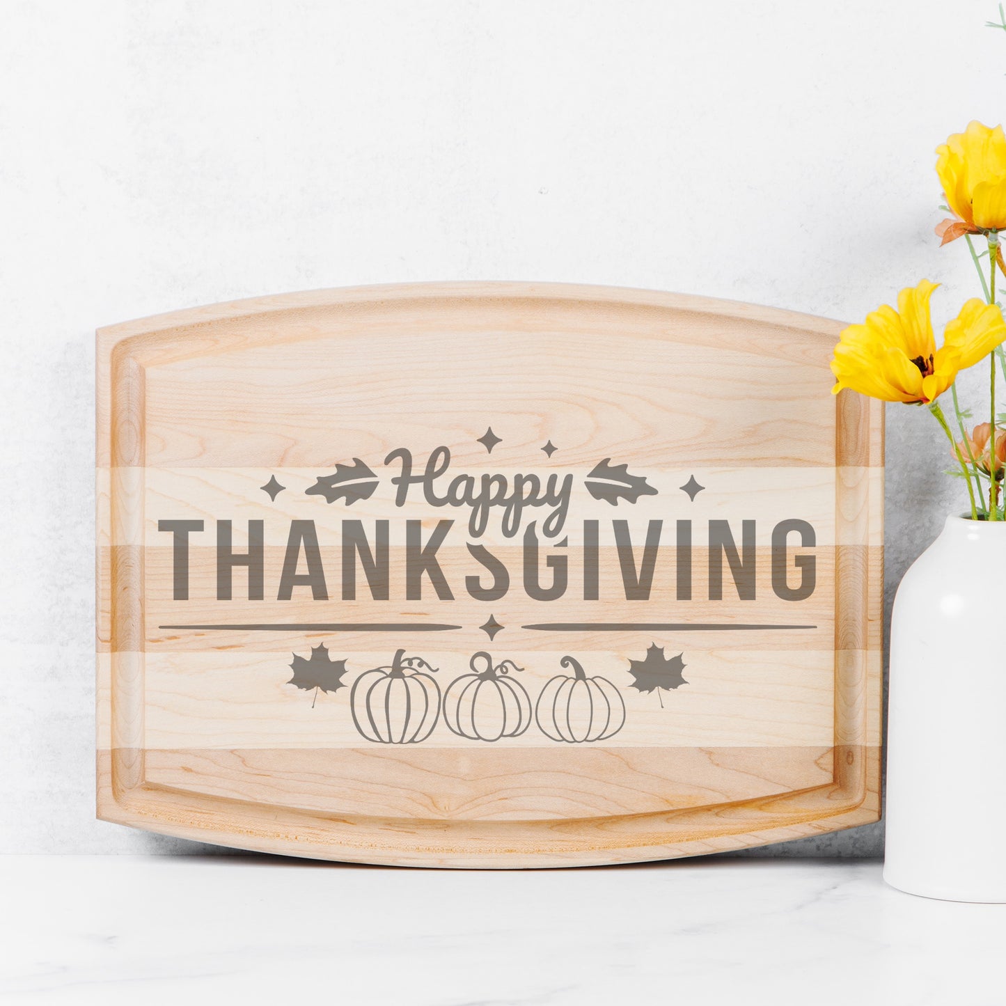 Happy Thanksgiving Arched Wood Cutting Board with Groove - 12" x 9"