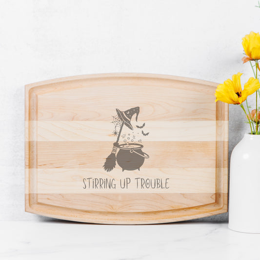 Stirring Up Trouble Arched Wood Cutting Board with Groove - 12" x 9"