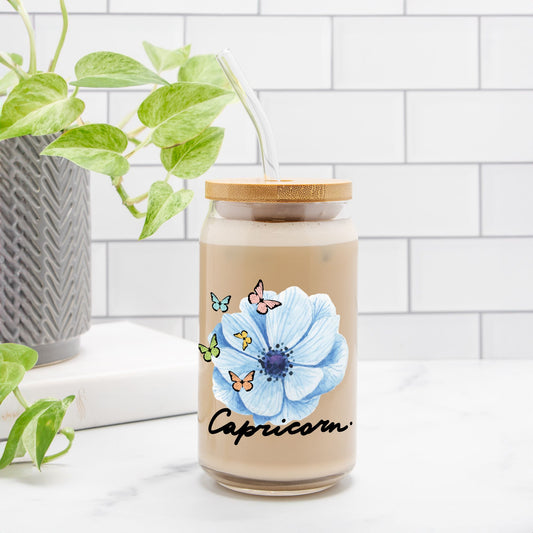Capricorn Flower Blue Glass Can 16oz