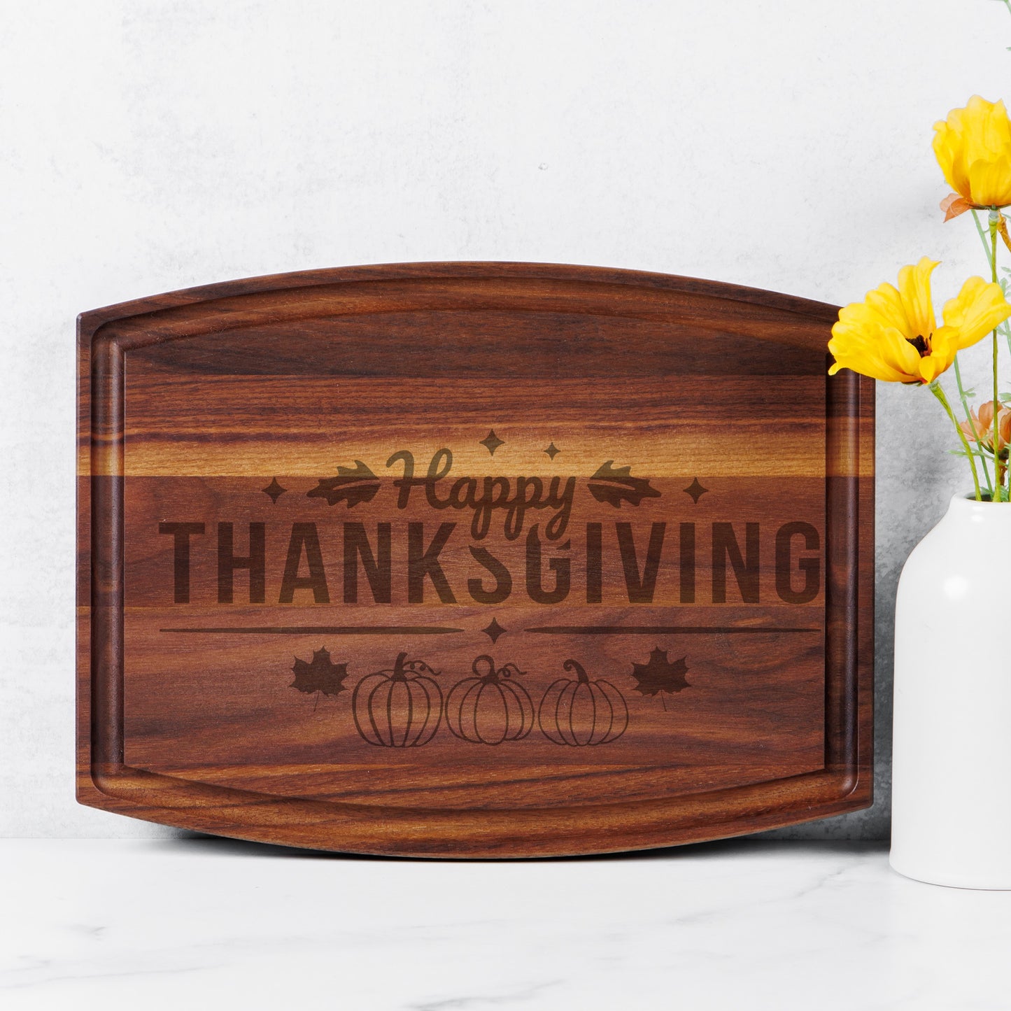 Happy Thanksgiving Arched Wood Cutting Board with Groove - 12" x 9"