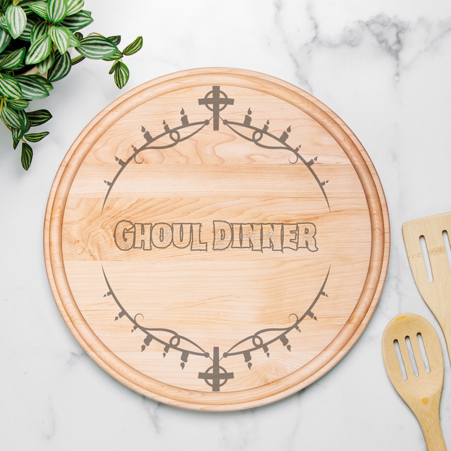 Ghoul Dinner Round Charcuterie Board with Groove - 13.5” x 13.5”