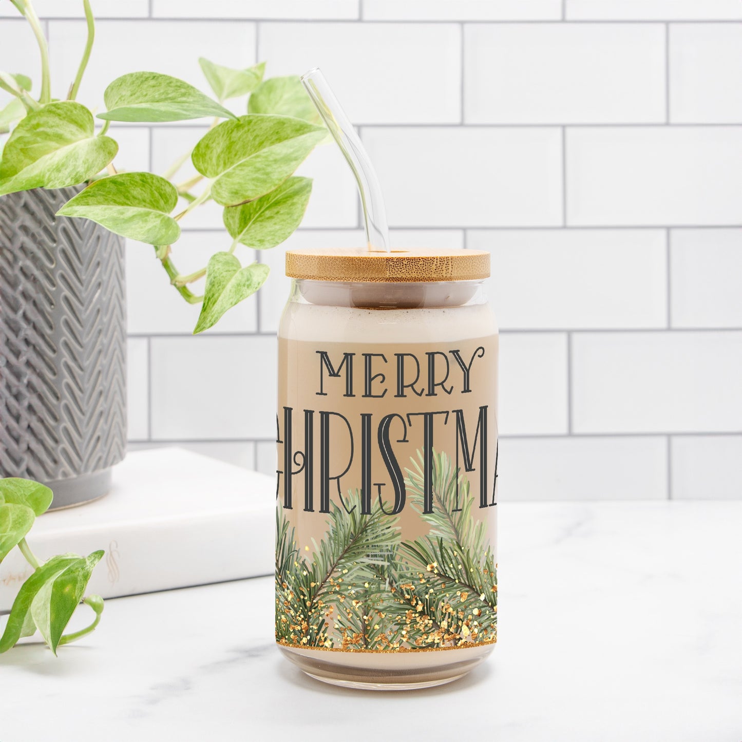 Gold Merry Christmas Glass Can 16oz