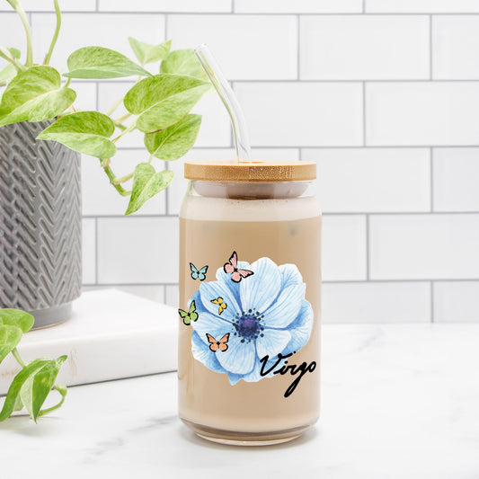 Virgo Flower Blue Glass Can 16oz