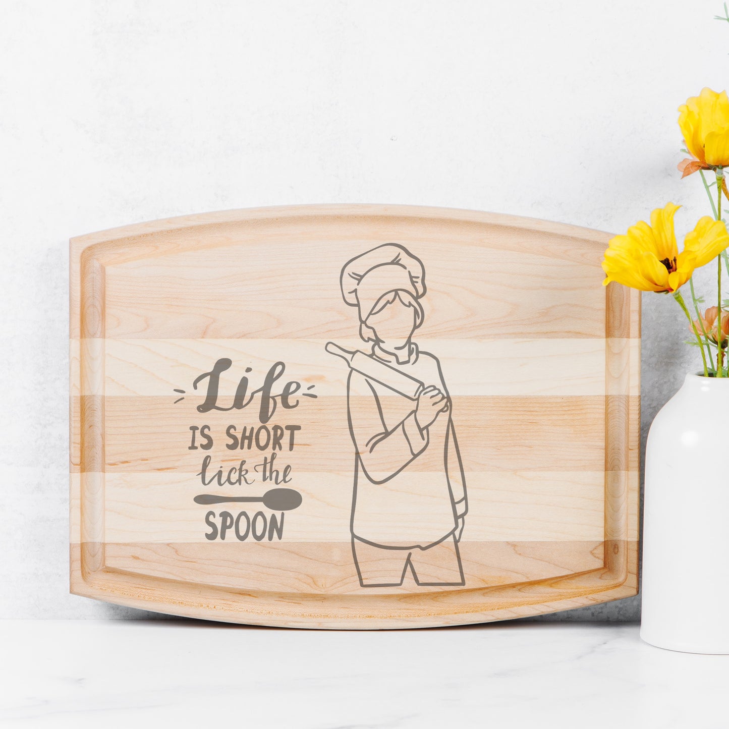 Lick The Spoon Arched Wood Cutting Board with Groove - 12" x 9"