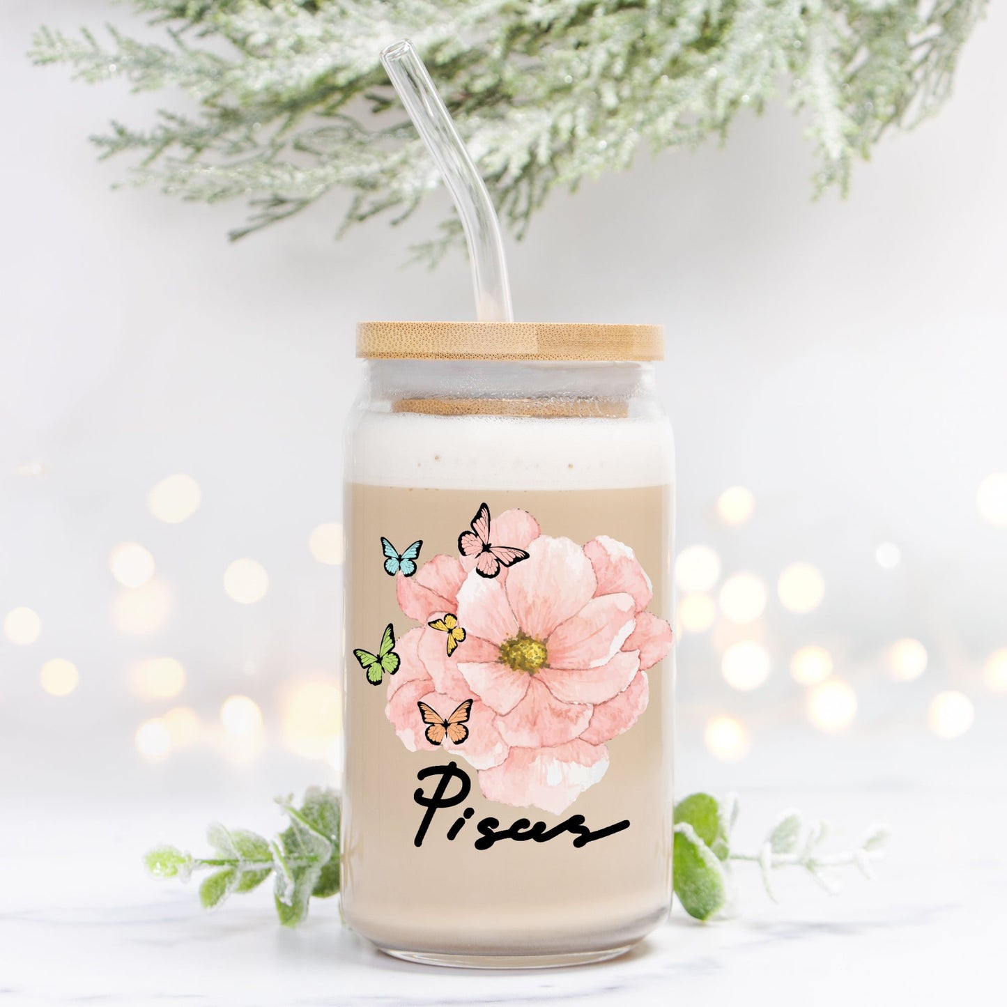 Pisces Flower Pink Glass Can 16oz
