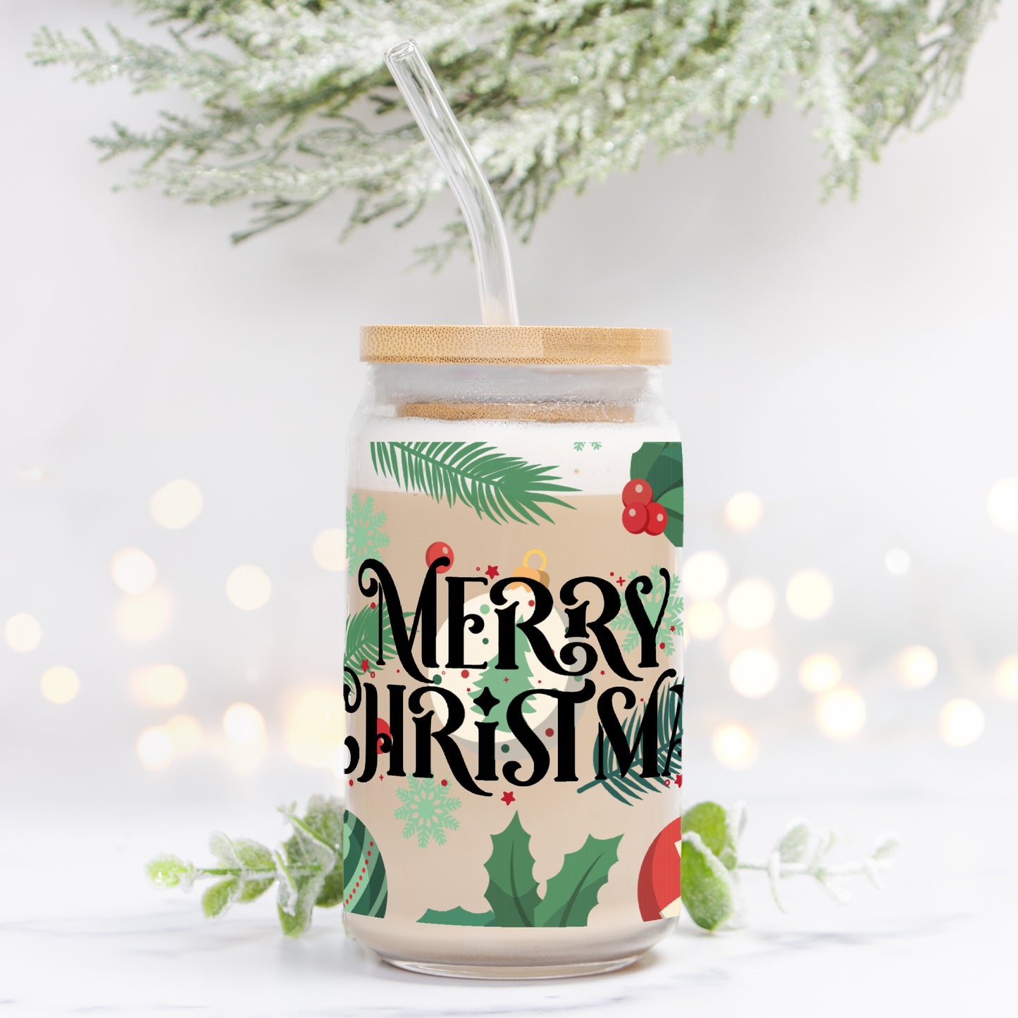 Merry Christmas Glass Can 16oz