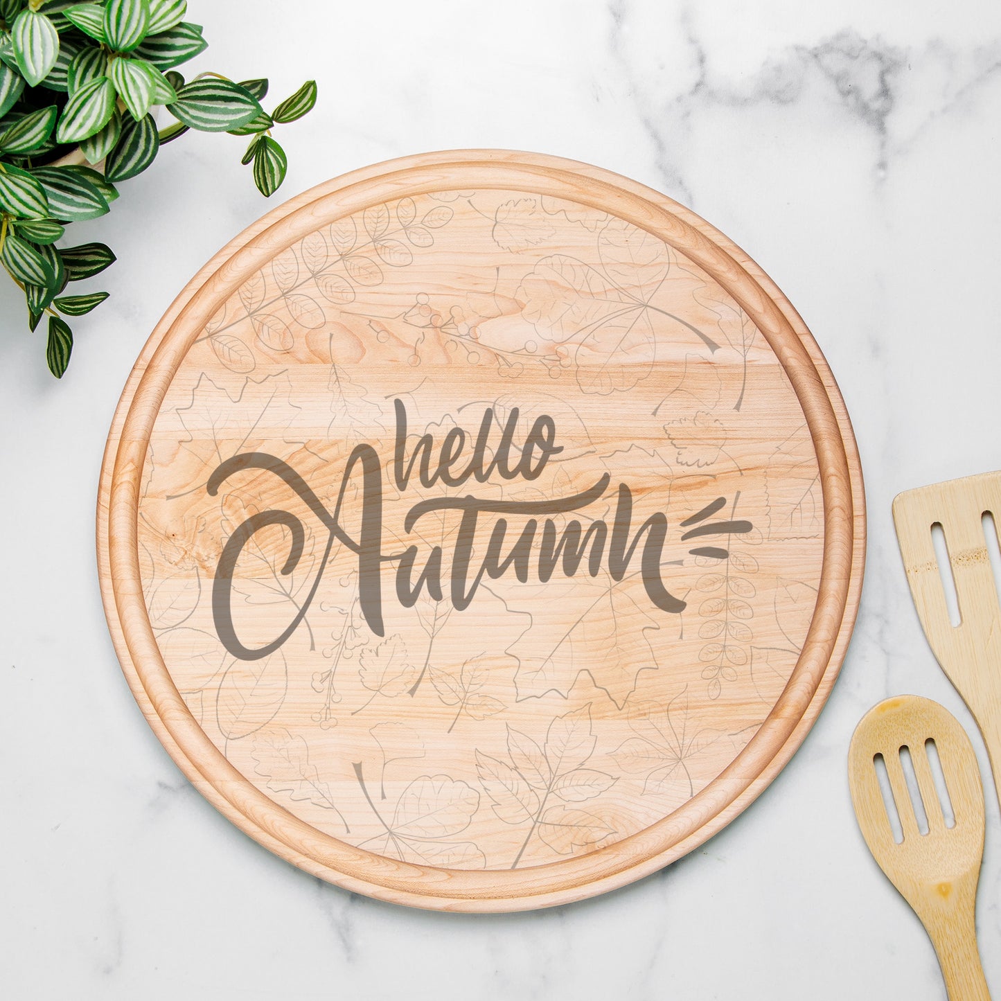 Hello Autumn Round Charcuterie Board with Groove - 13.5” x 13.5”